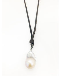  Margo Morrison Grey Baroque Pearl Drop necklace on Deerskin