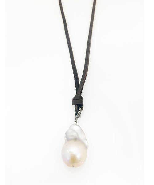 Margo Morrison Grey Baroque Pearl Drop necklace on Deerskin