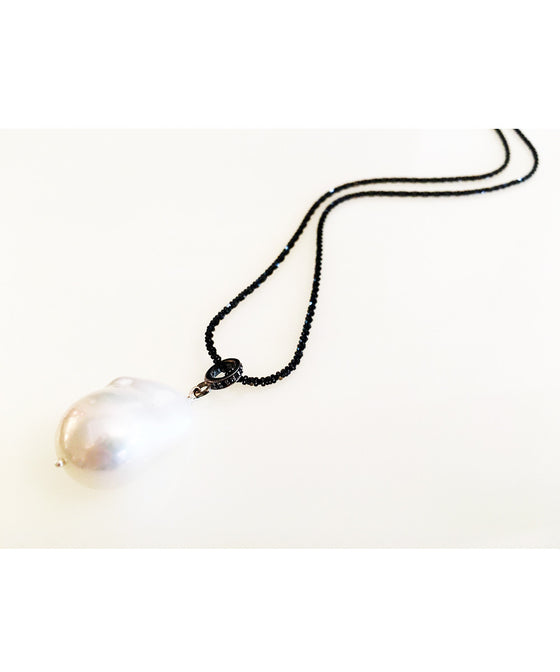Margo Morrison White Baroque Pearl Drop necklace on Black Chain