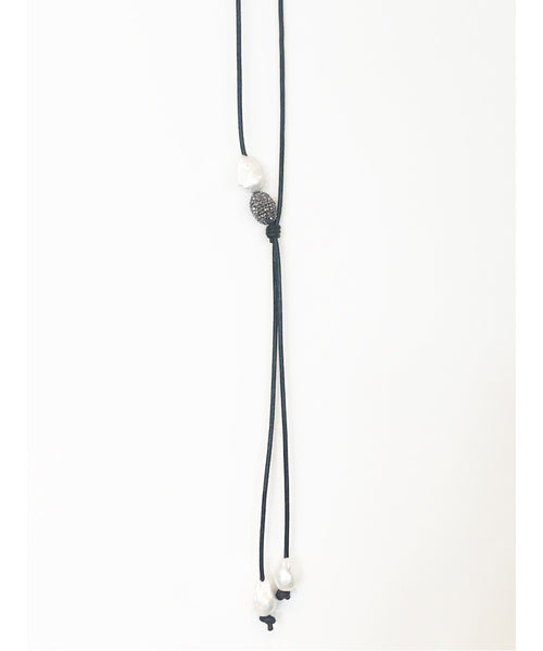 Margo Morrison White Baroque 3 Pearl Lariat with Oval Crystal Ball