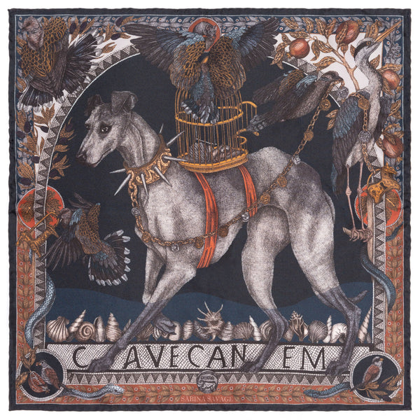 Sabina Savage "Cave Canem - The Treasures of Pompeii"  Silk Twill Water/Ink  42cm Square Scarf