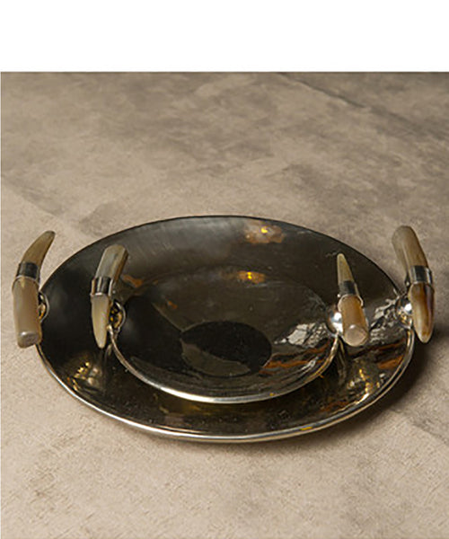 Silver Round Tray with Horn Handles