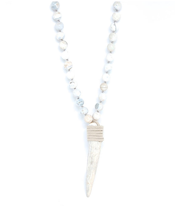 T. Marie Hand knotted White Agate and Antler Necklace